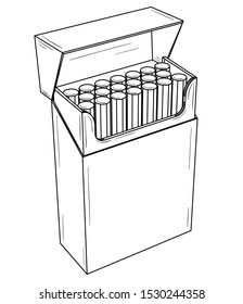 Open pack with cigarettes. Black outline illustration on white background. Sketch.