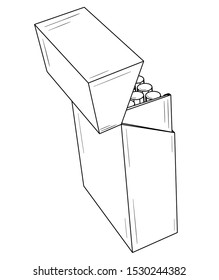Open pack with cigarettes. Black outline illustration on white background. Sketch.