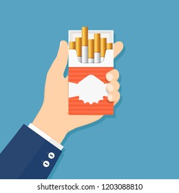 Open pack of cigarettes in hand man. Vector illustration flat design.