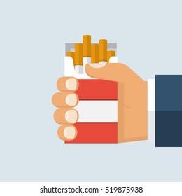 Open pack of cigarettes in hand man. Vector illustration flat design. Isolated on white background. Bad habits. Smoker offers cigarette. Template banner about the dangers of smoking.