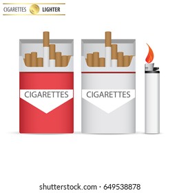 Open pack of cigarettes with lighter. Pack of cigarettes. The nicotine dependence. Addiction. The red packaging