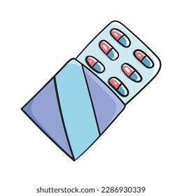 Envase abierto de blisters de cápsulas de píldora coloreados de la ilustración vectorial del doodle. Aislado sobre fondo blanco