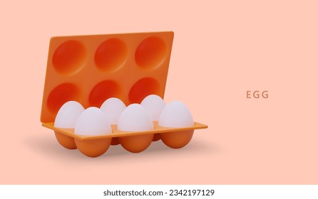 Abierto con 6 huevos blancos, con vistas al ángulo. Banner vectorial sobre fondo de color con texto. Huevos de pollo orgánicos frescos. Concepto de agricultura. Cartel para la feria