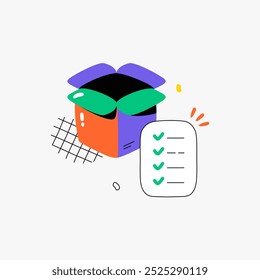 Pacote aberto com lista de verificação em ilustração vetorial plana simbolizando a garantia de qualidade do produto, verificação de envio e precisão de entrega, isolado no fundo branco