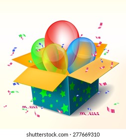 Open packing box for gifts decorated with stars with colored balloons and streamers