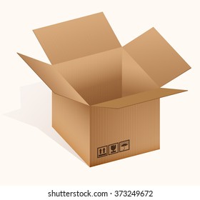 Open packing box made of corrugated cardboard and shadow