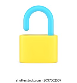 Open padlock 3d icon. Volumetric lock with steel shackle. Theft and opening information and property. Breaking password and personal web account security. Vector isolated realism