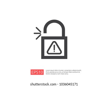 open padlock attention icon with exclamation mark symbol warning alert sign. account access security banner concept. safe secure of personal access, user authorization, VPN internet protection.
