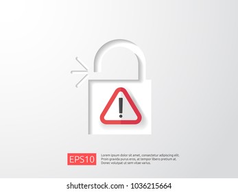 open padlock attention icon with exclamation mark symbol warning alert sign. account access security banner concept. safe secure of personal access, user authorization, VPN internet protection.