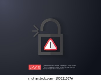 open padlock attention icon with exclamation mark symbol warning alert sign. account access security banner concept. safe secure of personal access, user authorization, VPN internet protection.
