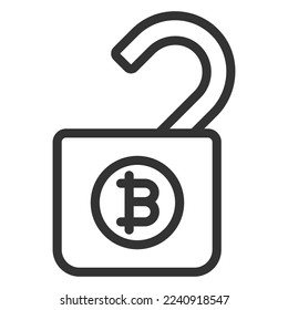 Abrir el candado con bitcoin - icono, ilustración de fondo blanco, estilo de contorno