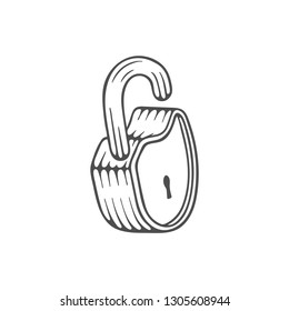 Open padlock. Cartoon style padlock hand drawn vector illustration.