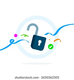 Open padlock with check mark and festive ribbons. Concept of unlocked feature, granted access, login success, permission approved, secure access, or data unlocked. Illustration for apps or website ui