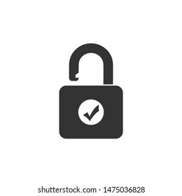Open padlock and check mark icon isolated. Security check lock sign. Flat design. Vector Illustration