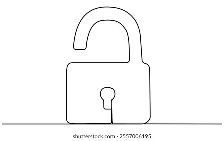 Open padlock continuous line drawing. Unlocked security symbol. Vector illustration isolated on white.