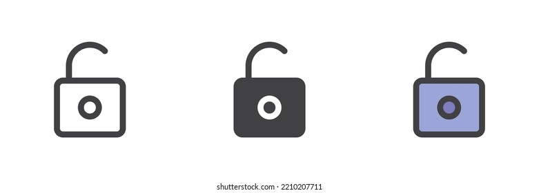 Open Padlock Different Style Icon Set. Line, Glyph And Filled Outline Colorful Version, Outline And Filled Vector Sign. Unlock Symbol, Logo Illustration. Vector Graphics