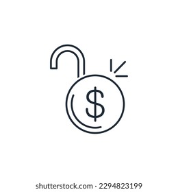 Open padlock with dollar. Opening financial access, credit.Vector linear icon isolated on white background.