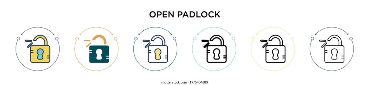 Open padlock icon in filled, thin line, outline and stroke style. Vector illustration of two colored and black open padlock vector icons designs can be used for mobile, ui, web