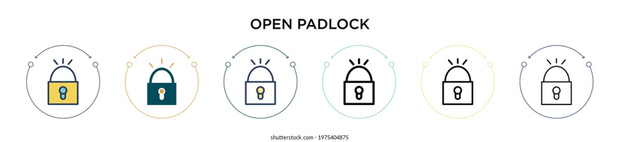 Open padlock icon in filled, thin line, outline and stroke style. Vector illustration of two colored and black open padlock vector icons designs can be used for mobile, ui, web