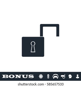 Open padlock icon flat. Black pictogram on white background. Vector illustration symbol and bonus button