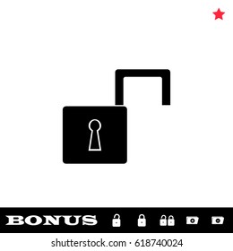 Open padlock icon flat. Black pictogram on white background. Vector illustration symbol and bonus button open and closed lock, folder, star