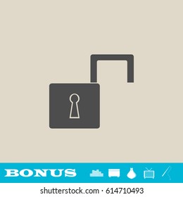 Open padlock icon flat. Grey pictogram on light background. Vector illustration symbol and bonus button real estate, ottoman, vase, tv, fishing rod