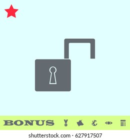 Open padlock icon flat. Grey pictogram on blue background. Vector illustration symbol and bonus buttons medal, cow, earth, eye, calculator