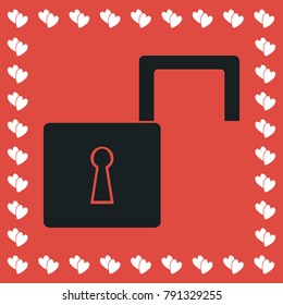 Open padlock icon flat. Simple black pictogram on red background with white hearts for valentines day. Vector illustration symbol