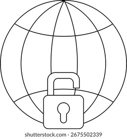 open padlock icon and globe icon with white background.with black lines