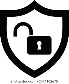 Open padlock icon inside a shield shape, representing security vulnerability, unprotected data, or unlocked access. Vector illustration isolated on white background.