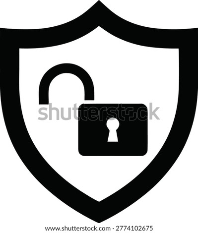 Open padlock icon inside a shield shape, representing security vulnerability, unprotected data, or unlocked access. Vector illustration isolated on white background.