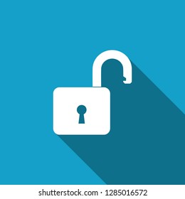 Open padlock icon isolated with long shadow. Lock symbol. Flat design. Vector Illustration