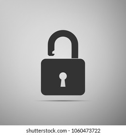 Open padlock icon isolated on grey background. Lock symbol. Flat design. Vector Illustration
