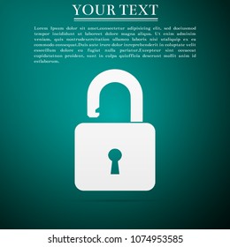 Open padlock icon isolated on green background. Lock symbol. Flat design. Vector Illustration