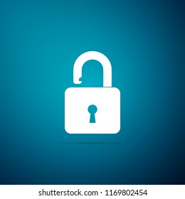 Open padlock icon isolated on blue background. Lock symbol. Flat design. Vector Illustration
