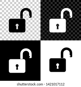 Open padlock icon isolated on black, white and transparent background. Opened lock sign. Cyber security concept. Digital data protection. Safety safety. Vector Illustration