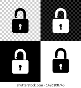 Open padlock icon isolated on black, white and transparent background. Opened lock sign. Cyber security concept. Digital data protection. Safety safety. Vector Illustration