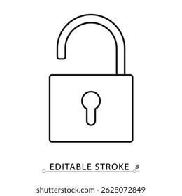 Open padlock icon in minimal black outline style on white background. Editable stroke vector for access, unlock, privacy, security settings or smart system interface. Concept: unlock access.