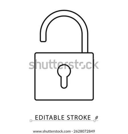 Open padlock icon in minimal black outline style on white background. Editable stroke vector for access, unlock, privacy, security settings or smart system interface. Concept: unlock access.