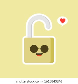 open padlock icon. safe secure padlock kawaii character. Smiling padlock color icon. Reliable password. Protection, security. Easy safety. Happy padlock. Emoji, emoticon. Isolated vector illustration