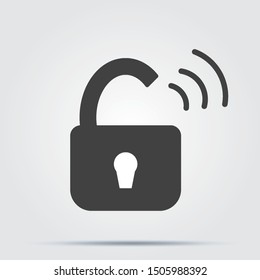 Open padlock icon with shadow on a white background, stylish vector illustration