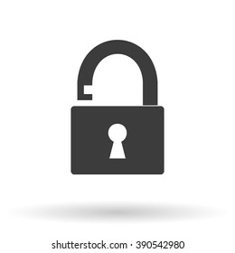 Open padlock icon with shadow on a white background, stylish vector illustration