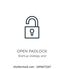 Open padlock icon. Thin linear open padlock outline icon isolated on white background from startup stategy and success collection. Line vector sign, symbol for web and mobile