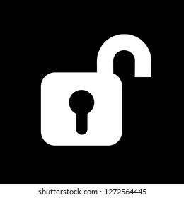 Open padlock icon in white color on a black background. Editable vector file (eps). Symbol for use in website design, mobile app, user interface and everything.