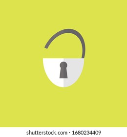 An open padlock illustration vector on isolated green background. 