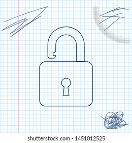Open padlock line sketch icon isolated on white background. Opened lock sign. Cyber security concept. Digital data protection. Safety safety. Vector Illustration