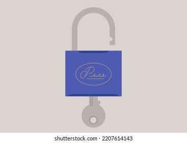 An open padlock with a metal key inside, access granted