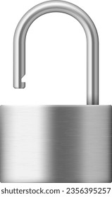 Open padlock mockup. Metallic lock realistic steel