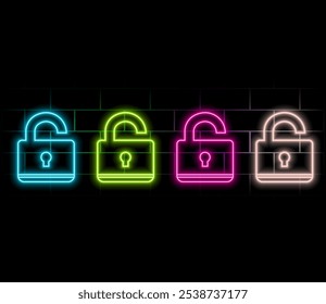 open padlock neon light sign vector. open padlock illustration.