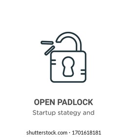 Open padlock outline vector icon. Thin line black open padlock icon, flat vector simple element illustration from editable startup stategy and success concept isolated stroke on white background